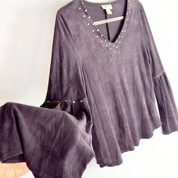 STYLE & CO |💜Dark Raisin Purple Faux Suede Bell Sleeves V-Neck Boho Blouse Top - Picture 3 of 11